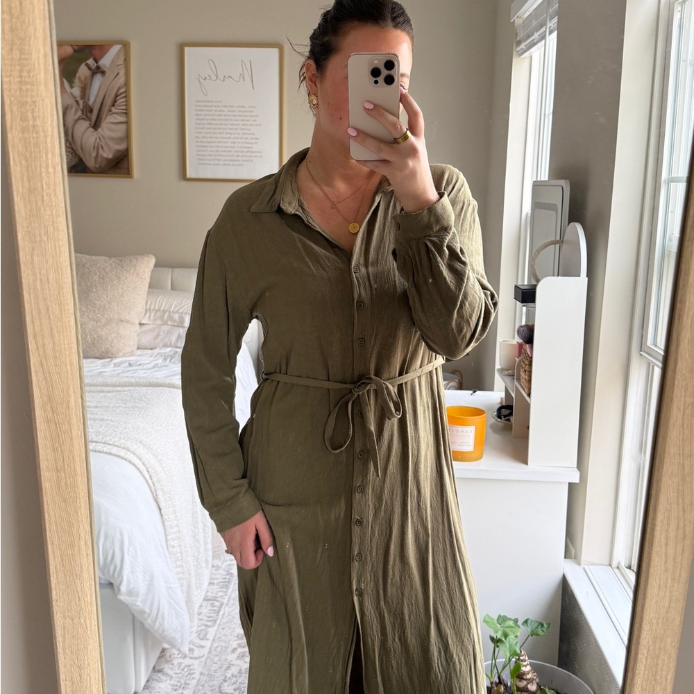 Olive Green Button-Up Shirt Dress